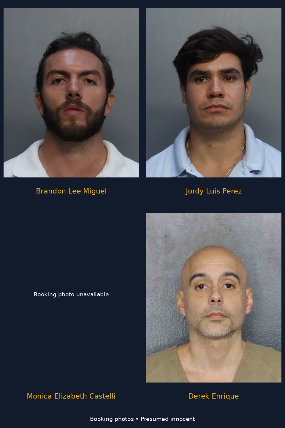 Booking photos: Brandon Lee Miguel, Jordy Luis Perez, Monica Elizabeth Castelli, Derek Enrique. All are presumed innocent unless proven guilty. Photo unavailable for Monica Elizabeth Castelli.